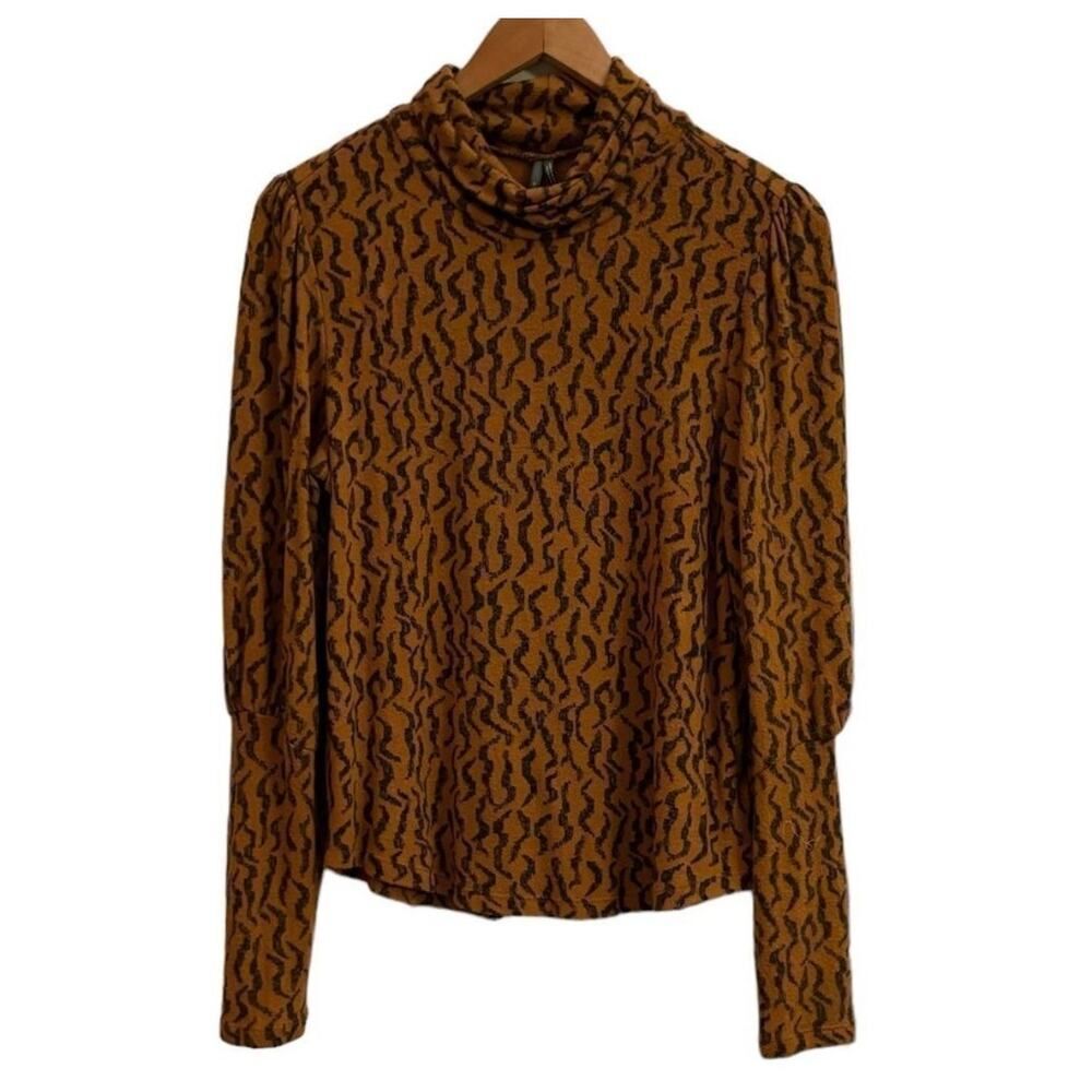 Anthropologie Top Brown Black Abstract Print Long Sleeve Medium Boho Chic Medium